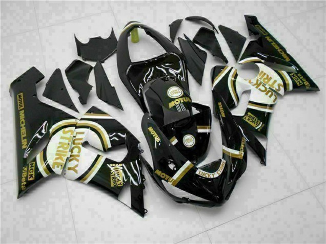 2005-2006 Glossy Black White Gold Lucky Strike Kawasaki ZX6R Motorcycle Fairings Canada