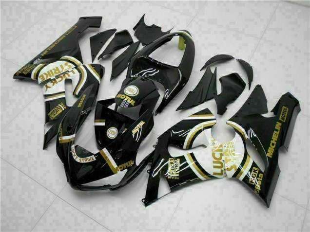 2005-2006 Glossy Black White Gold Lucky Strike Kawasaki ZX6R Motorcycle Fairings Canada