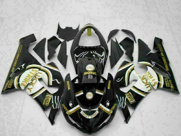 2005-2006 Glossy Black White Gold Lucky Strike Kawasaki ZX6R Motorcycle Fairings Canada