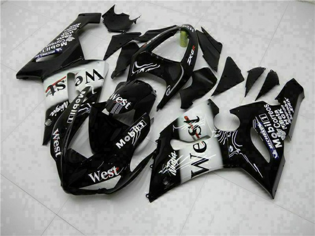 2005-2006 Glossy Black White West Kawasaki ZX6R Motorcycle Fairings Canada