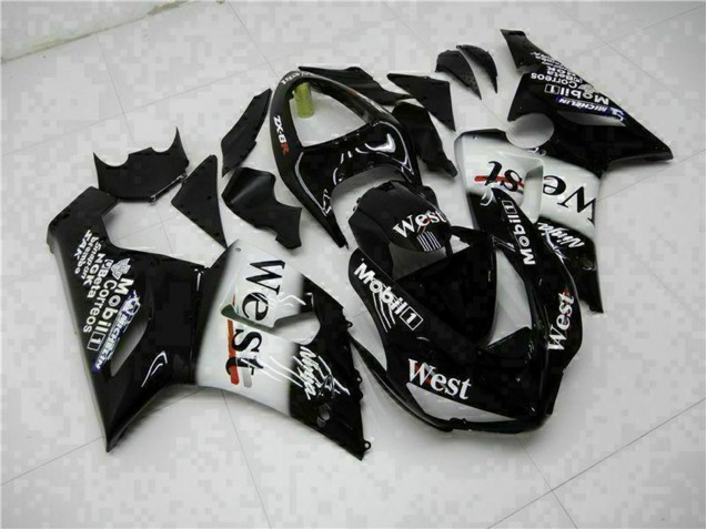 2005-2006 Glossy Black White West Kawasaki ZX6R Motorcycle Fairings Canada