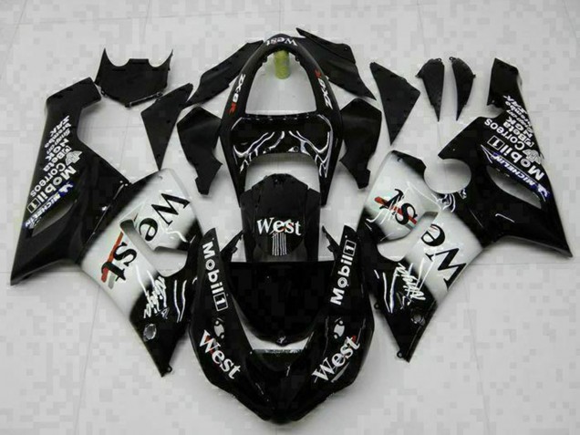 2005-2006 Glossy Black White West Kawasaki ZX6R Motorcycle Fairings Canada