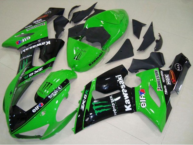 2005-2006 Green Glossy Black Elf Monster Kawasaki ZX6R Motorcycle Fairings Canada