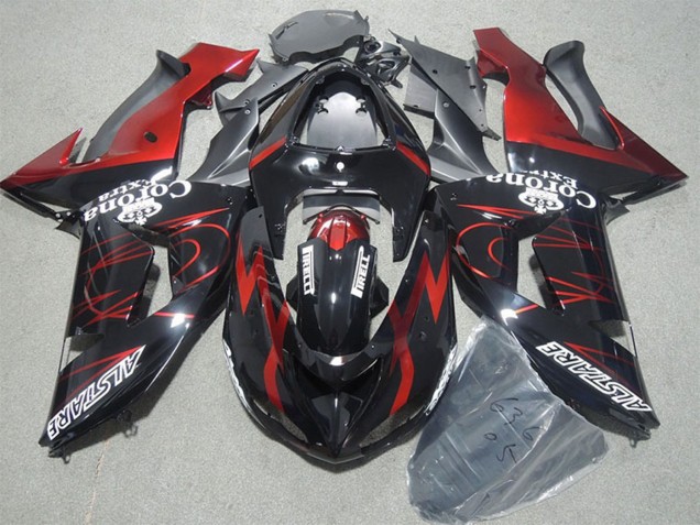 2006-2007 Glossy Black Red Flame Alstare Corona Extra Kawasaki ZX10R Motorcycle Fairings Canada