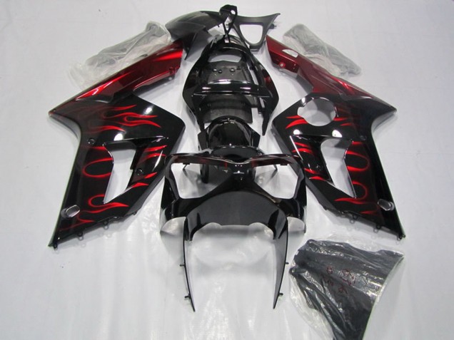 2003-2004 Glossy Black Red Flame Kawasaki ZX6R Motorcycle Fairing Canada