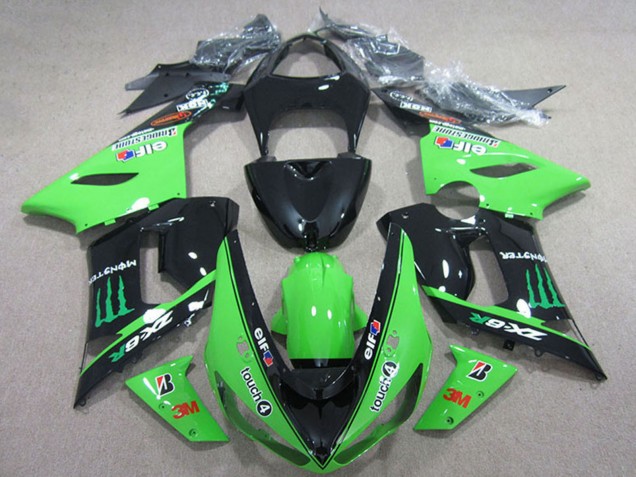 2005-2006 Glossy Black Green Elf Touch4 Bridgestone Monster Kawasaki ZX6R Motorcycle Fairings Canada