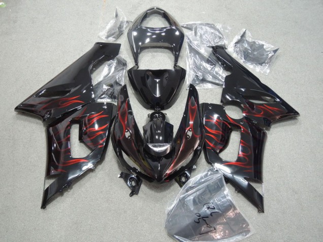 2005-2006 Glossy Black Red Flame Kawasaki ZX6R Motorcycle Fairings Canada