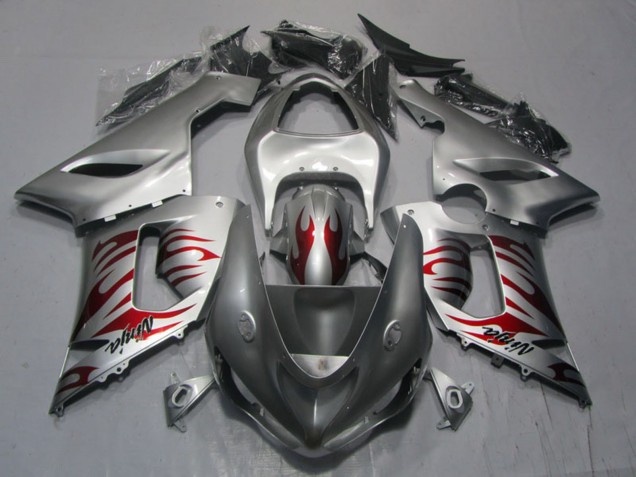 2005-2006 Silver Red Flame Ninja Kawasaki ZX6R Motorcycle Fairings Canada