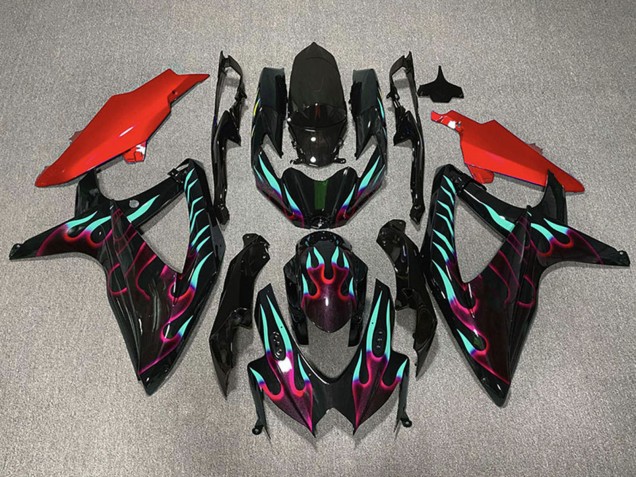 2008-2010 Glossy Black Red Cyan Flame Suzuki GSXR 600 / GSXR 750 Motorcycle Fairings Canada