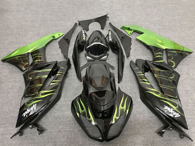 2009-2012 Glossy Black Green Flame Kawasaki ZX6R Motorcycle Fairings Canada
