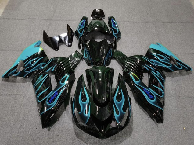 2006-2011 Glossy Black Light Blue Flame Kawasaki ZX14R Motorcycle Fairings Canada