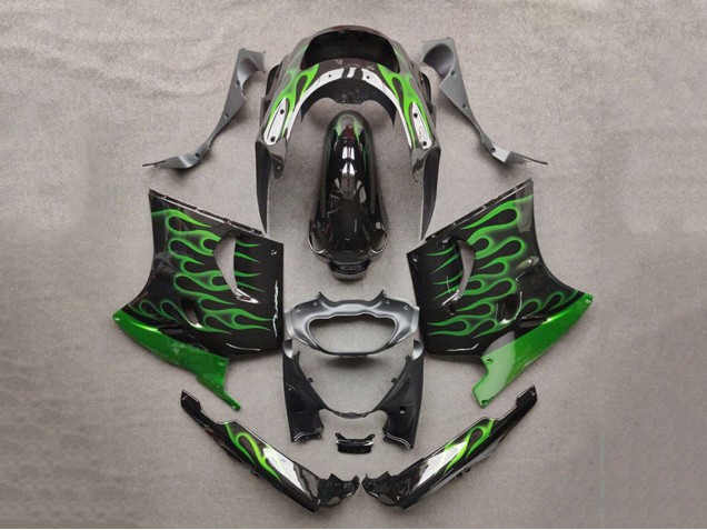 1993-2003 Glossy Black Green Flame Kawasaki ZZR1100 Motorcycle Fairings Canada