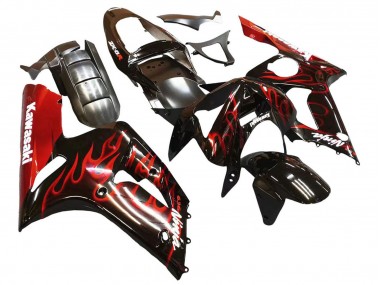2003-2004 Glossy Black Red Flame Kawasaki ZX6R Motorcycle Fairings Canada