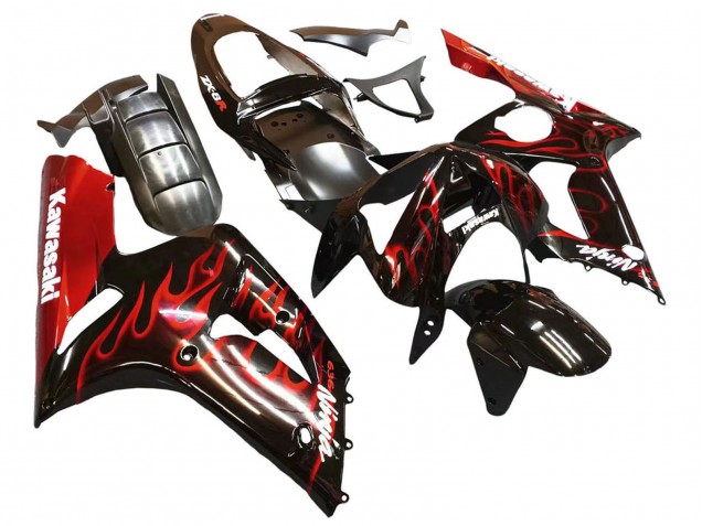 2003-2004 Glossy Black Red Flame Kawasaki ZX6R Motorcycle Fairings Canada