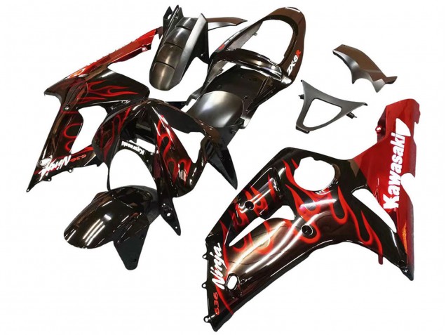 2003-2004 Glossy Black Red Flame Kawasaki ZX6R Motorcycle Fairings Canada