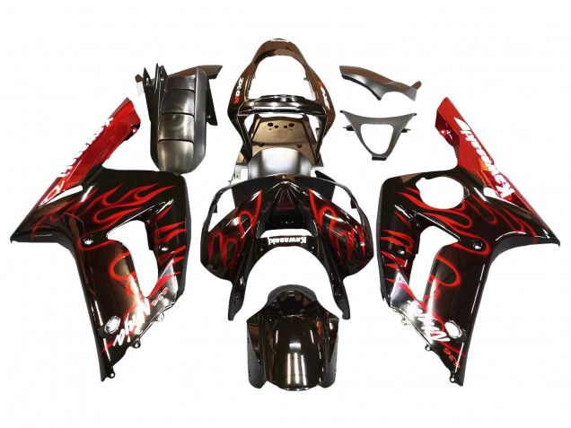 2003-2004 Glossy Black Red Flame Kawasaki ZX6R Motorcycle Fairings Canada