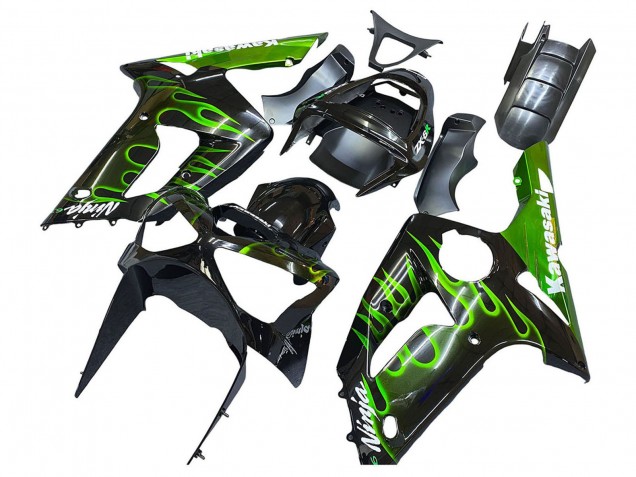 2003-2004 Glossy Black Green Flame Kawasaki ZX6R Motorcycle Fairings Canada