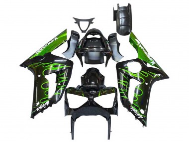 2003-2004 Glossy Black Green Flame Kawasaki ZX6R Motorcycle Fairings Canada