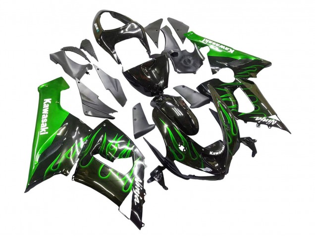 2005-2006 Glossy Black Green Flame Kawasaki ZX6R Motorcycle Fairing Canada