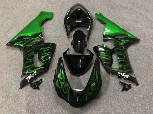 2005-2006 Glossy Black Green Flame Kawasaki ZX6R Motorcycle Fairings Canada