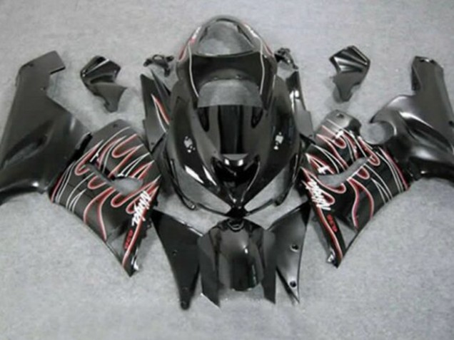 2005-2006 Glossy Black Red White Flame Kawasaki ZX6R Motorcycle Fairings Canada
