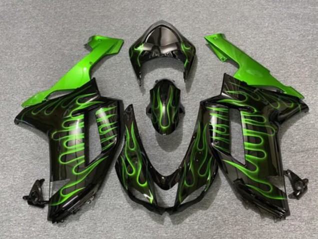 2007-2008 Black Green Flame Kawasaki ZX6R Motorcycle Fairings Canada